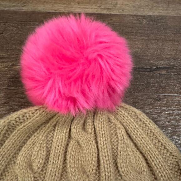 Beige Cable Knit Beanie Hat with Hot Pink Pom Pom Barbie Core Preppy Warm Cozy - Picture 3 of 5